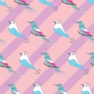 Beautiful abstract birds seamless pattern on pink stripes background Stock Illustration
