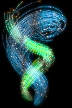 Beautiful abstract flowing traces on a black background. Glowing dots. 3d ren Stock Illustration