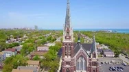 Beautiful Aerial Around A Church And Steeple On The South Side Of Chicago, Stock Footage