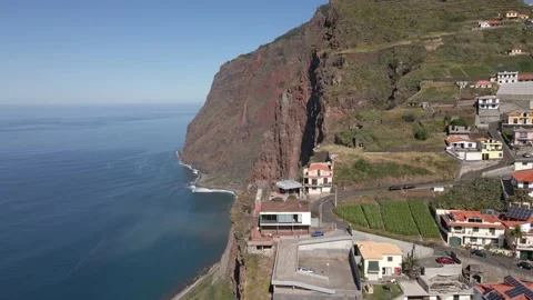 Beautiful aerial or drone shot along the coast of Madeira Island in Portugal Stock Footage 232732553