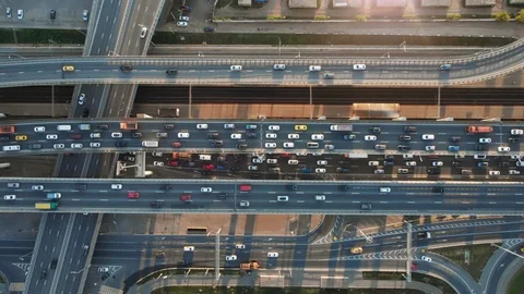 Beautiful aerial panorama of multi-level highway in Moscow. Stock Footage 119037546