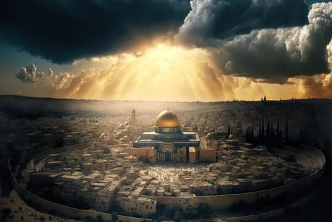 Beautiful aerial panorama of the Old City, the Prophets' Tomb, and the Dome of Stock Illustration