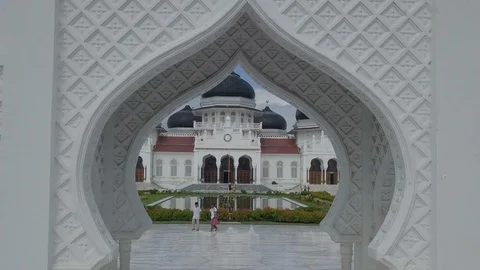 Beautiful aerial shot of Baiturrahman Mosque in Aceh Stock Footage