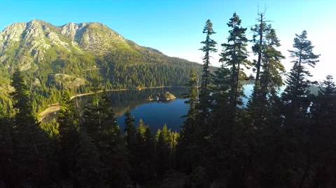 A beautiful aerial shot at dawn over Emerald Bay Lake Tahoe. Stock Footage