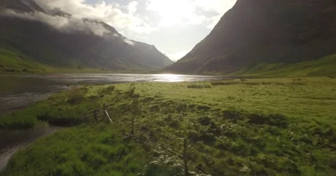 Beautiful aerial shot of Glencoe and Glen Etive in the Scottish highlands Stock Footage
