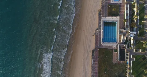 Beautiful Aerial top down View at empty beaches in quarantine time Of Tel Aviv Video stock 128256648