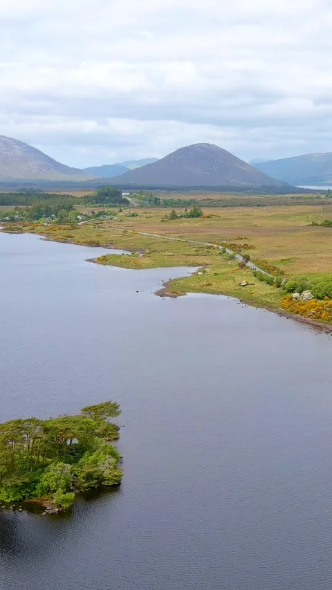 Beautiful aerial vertical orbit view of Lough Bofin lake in Connemara. Ireland. 스톡 동영상 321909418