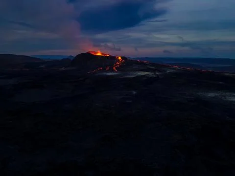 Beautiful aerial view of an Active Volcano with exploding lava Stockfoto's