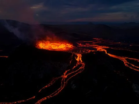 Beautiful aerial view of an Active Volcano with exploding lava Stock Photos
