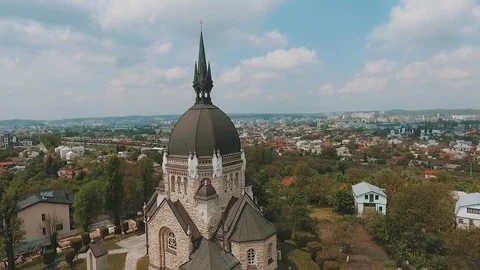 Beautiful aerial view of ancient Gothic church Stock Footage 120700100