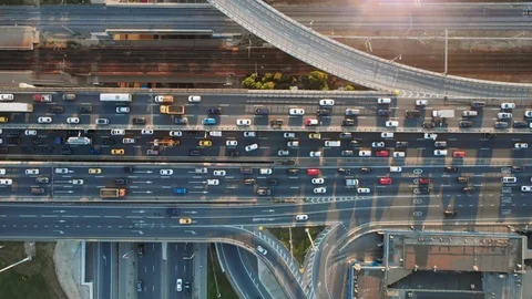 Beautiful aerial view to the cars driving on multi-level highway in Moscow. Stock Footage 119037880