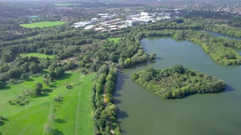 Beautiful aerial view of the Dinton Pastures Country Park, lake and river Stock-Footage 216817536