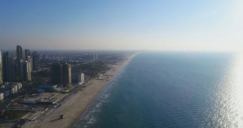 Beautiful Aerial View at empty beaches in quarantine time Of Bat Yam Beach And Stock Footage 128254848