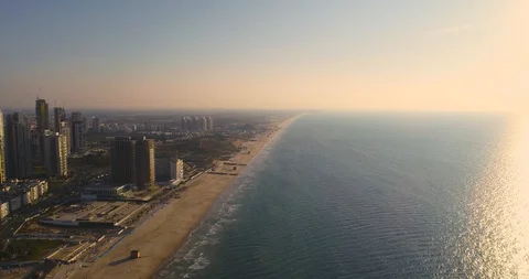 Beautiful Aerial View at empty beaches in quarantine time Of Bat Yam Beach And Video stock 128254980