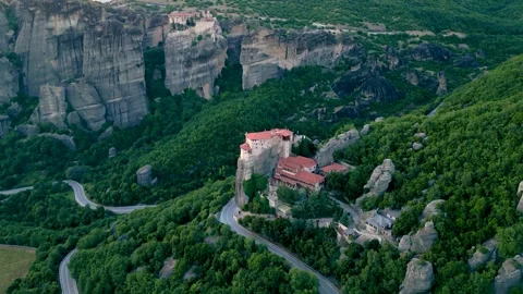 Beautiful Aerial View Holy Monastery of Great Meteoron at Sunset. Wide Shot.. Stock Footage 334893597