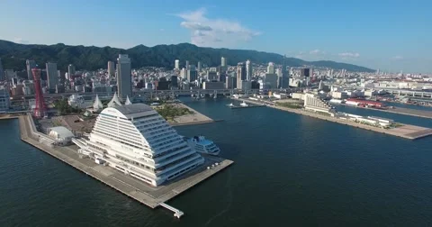 Beautiful aerial view Kobe city Japan from harbour. Stock Footage