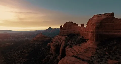 Beautiful Aerial View of Mountain Cliffs and Painted Sky Sunset Stock Footage 85753598