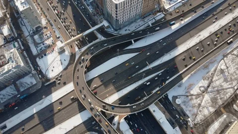 Beautiful aerial view to the multi-level highway in Moscow on a sunny winter. Stock Footage 120150080