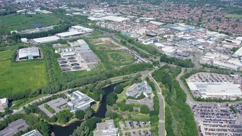 Beautiful aerial view of the new developing area, Green Park in Reading, UK Video stock 242449885
