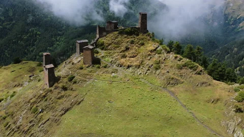Beautiful aerial view of old monastery ruins in th hill in Caucasus Mountains Video stock 229880209