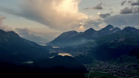 Beautiful Aerial View over Five Lakes and Swiss Alps and Cityscape in Sunset 스톡 동영상 289281928