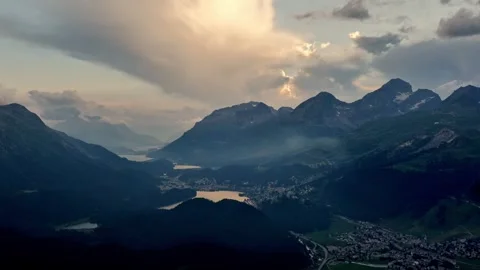 Beautiful Aerial View over Five Lakes and Swiss Alps and Cityscape Stock Footage 293673393