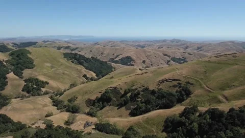 Beautiful aerial view of rolling green hills near Morro Bay, California Stock Footage 199912367