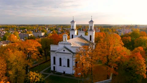 Beautiful aerial view of St. John the Baptist's Church in Birzai, Lithuania. 스톡 동영상 222091802