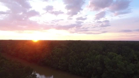 Beautiful Aerial View of Sunset at the River Stock Footage