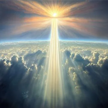 Beautiful AI generated digital artwork of heaven with a golden ray of light shin Illustration