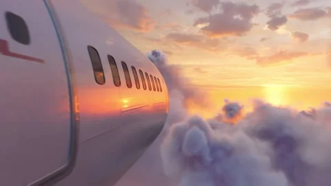Beautiful airplane flies close to the camera to meet the sunset. Stock Footage 308995173