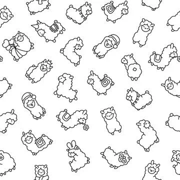 Beautiful alpaca. Seamless pattern. Coloring Page. Illustrazione stock