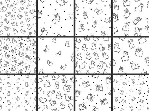 Beautiful alpaca. Seamless pattern. Coloring Page. Illustrazione stock
