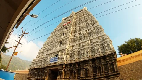 Beautiful ancient southern gate tower with statues on walls temple of fire Tiruv Stock Footage 100373167