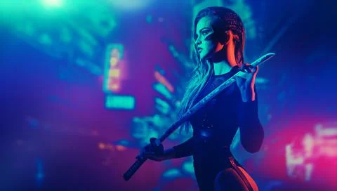 A beautiful and brave sci-fi cyborg samurai girl stands with a sword in her h Stock Photos
