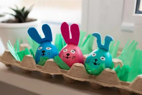 A Beautiful and Colorful Display of Easter Bunny Eggs Arranged Decoratively.. Stock Photos