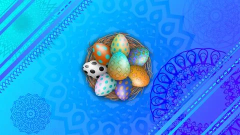 Beautiful and colourful decorated easter eggs on blue gradient background w.. Illustrazione stock