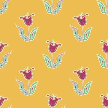 Beautiful and cute vector flower seamless pattern with cartoon style red tuli Stock Illustration