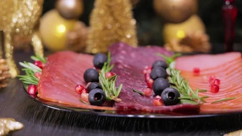 Beautiful and delicious cold cuts of sausages and delicacies Stock Footage 304427565