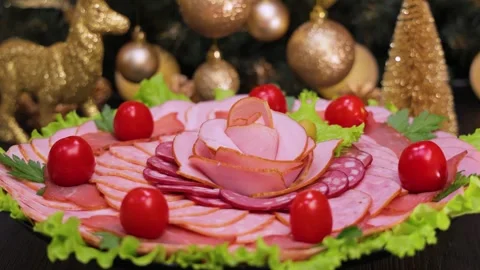 Beautiful and delicious cold cuts of sausages and delicacies Stock Footage 304427567