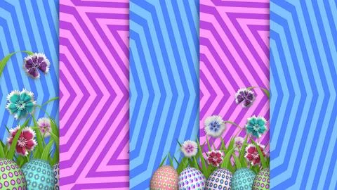 Beautiful and different easter holiday background with easter eggs and flow.. Stock Illustration