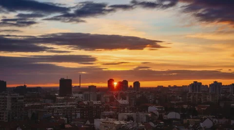 Beautiful and dramatic sunrise with clouds in the city Zagreb (Croatia) Видео 60205845