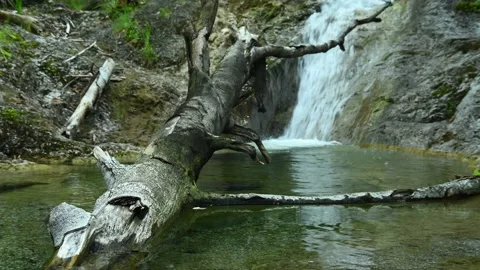 Beautiful and wild waterfall of a small stream in the mountains Stock Footage 211487080