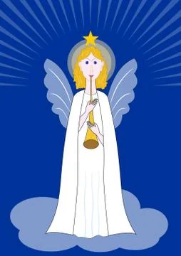 Beautiful angel with pipe standing on a cloud, symbol of christian  religion an Stock Illustration