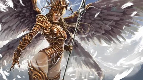 A beautiful angel woman, a warrior, with a long spear, she wears chased plate Stock Illustration