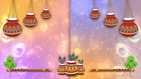 Beautiful animated background of dahi handi decoration with flute and peaco.. 스톡 동영상 313229244