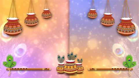 Beautiful animated background of dahi handi decoration with flute and peaco.. Stock Illustration