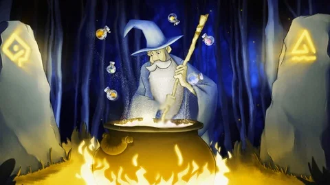 Beautiful animation of cartoon wizard preparing a potion in a cauldron and Stock Footage 121893775