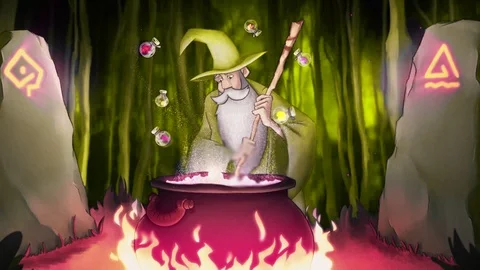 Beautiful animation of cartoon wizard preparing a potion in a cauldron and Stock Footage 121938255