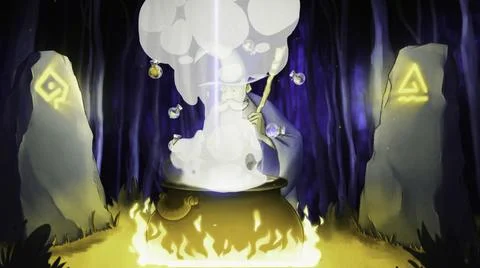 Beautiful animation of cartoon wizard preparing a potion in a cauldron and Stock Illustration